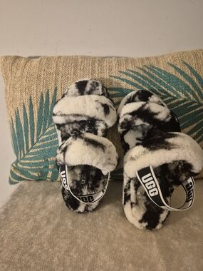 UGG Black & White Fluff Slide Sandals